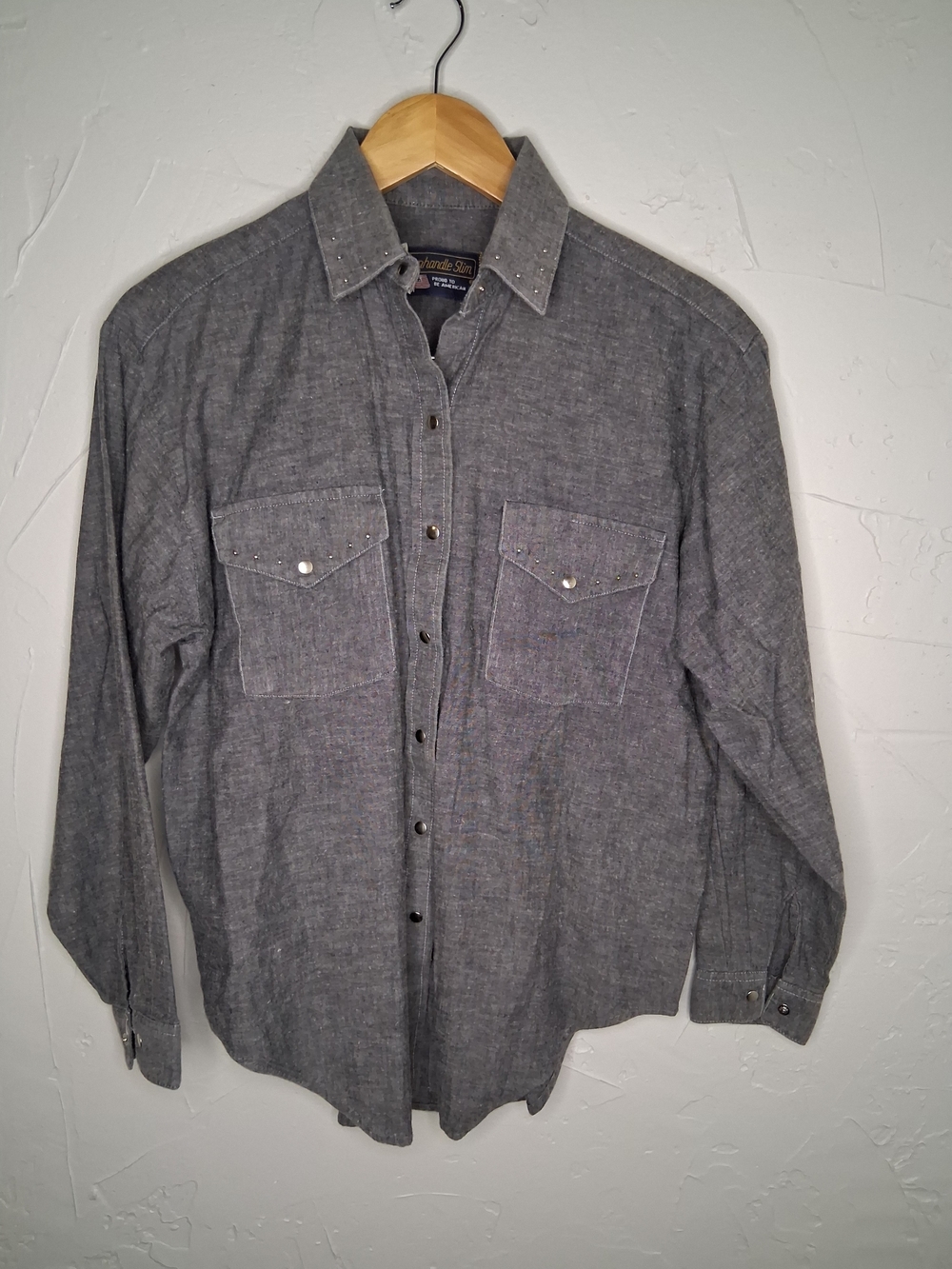 Vintage 90s Panhandle Slim Western Shirt Men's M Gray Chambray Pearl Snap Made - Picture 2 of 9